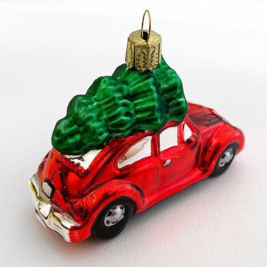 Glossy Red Car with Tree Blown Glass Ornament ~ 2-1/2" tall