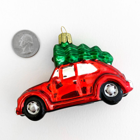 Glossy Red Car with Tree Blown Glass Ornament ~ 2-1/2" tall