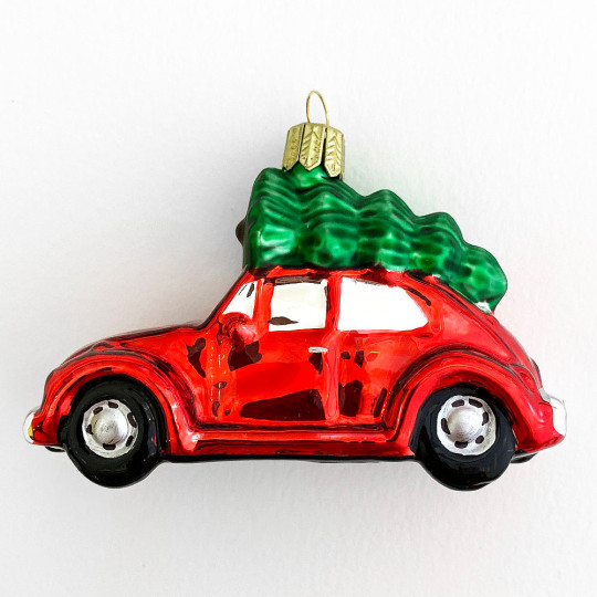 Glossy Red Car with Tree Blown Glass Ornament ~ 2-1/2" tall
