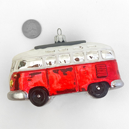 Glossy Red VW Bus Christmas Ornament ~ 5" long x 3" tall