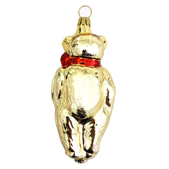 Gold Bear with Red Bow Blown Glass Ornament ~ Germany ~ 4" tall