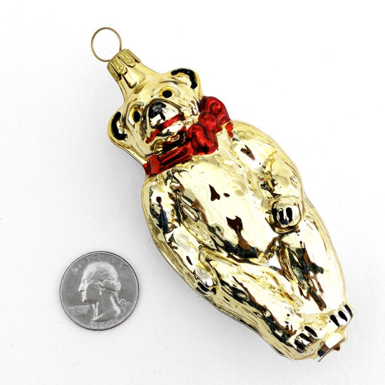 Gold Bear with Red Bow Blown Glass Ornament ~ Germany ~ 4" tall