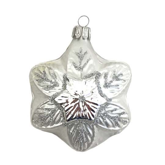 Matte White and Silver Blown Glass Snowflake Ornament ~ Germany ~ 2-1/4" tall