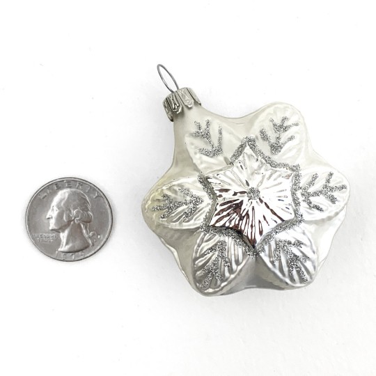 Matte White and Silver Blown Glass Snowflake Ornament ~ Germany ~ 2-1/4" tall