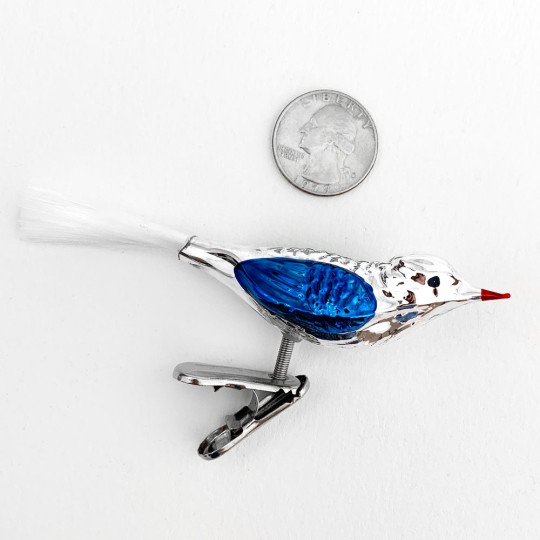 Silver with Blue Clipping Bird Ornament ~ Germany ~ 3-3/4" long