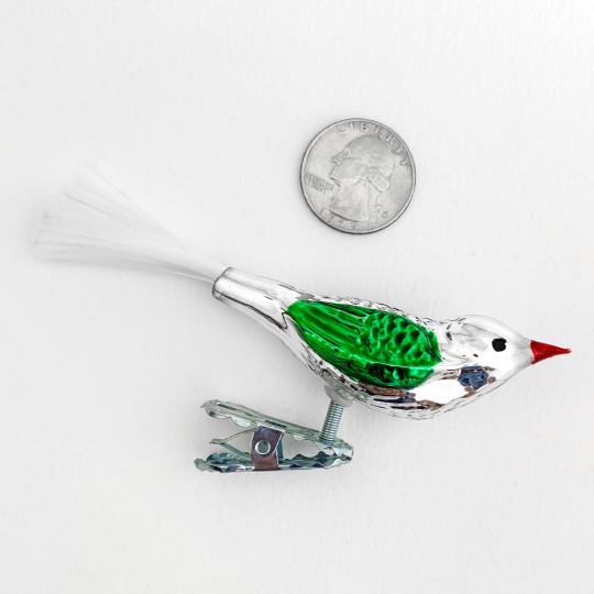 Silver with Green Clipping Bird Ornament ~ Germany ~ 3-3/4" long