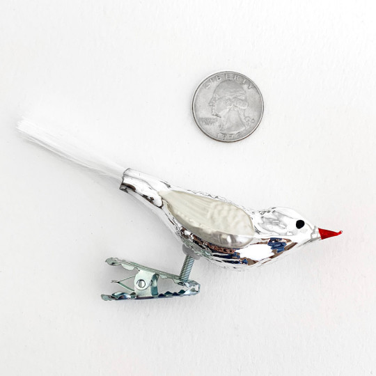 Silver with Matte White Clipping Bird Ornament ~ Germany ~ 3-3/4" long