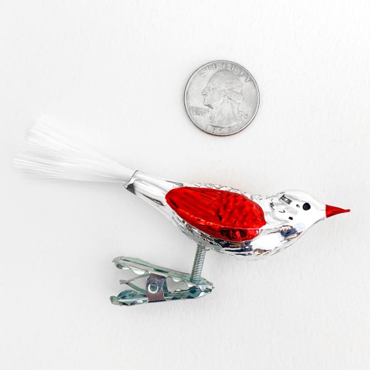 Silver with Red Clipping Bird Ornament ~ Germany ~ 3-3/4" long