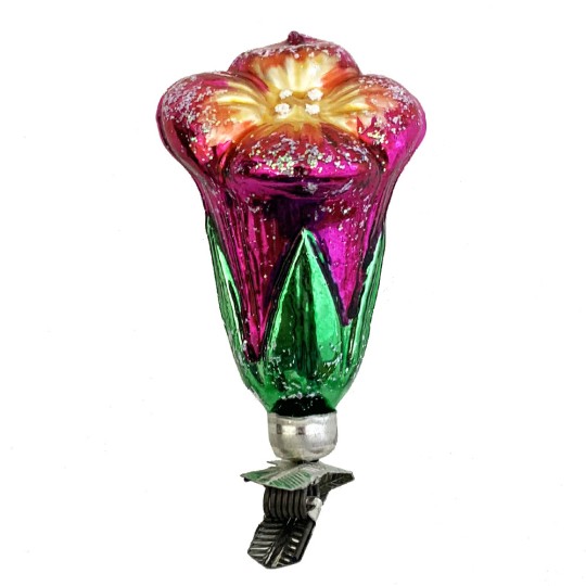 Magenta Purple Blossom on Clip Blown Glass Ornament ~ Germany ~ 3-1/2" tall
