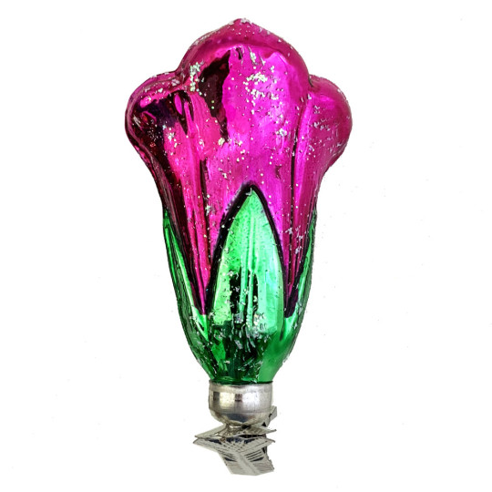 Magenta Blossom on Clip Blown Glass Ornament ~ Germany ~ 3-1/2" tall