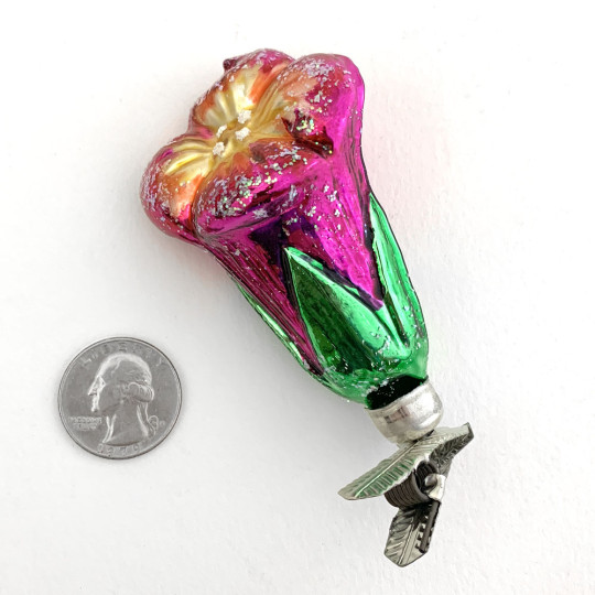 Magenta Blossom on Clip Blown Glass Ornament ~ Germany ~ 3-1/2" tall
