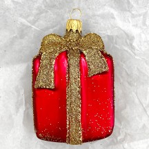 Red Gift Blown Glass Present Christmas Ornament ~ Czech Republic ~ 3-1/2" tall