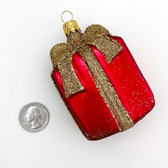 Red Gift Blown Glass Present Christmas Ornament ~ Czech Republic ~ 3-1/2" tall