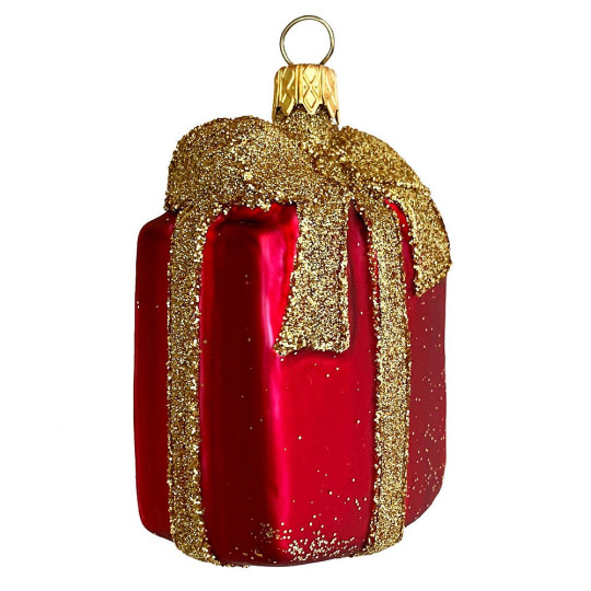 Red Gift Blown Glass Present Christmas Ornament ~ Czech Republic ~ 3-1/2" tall