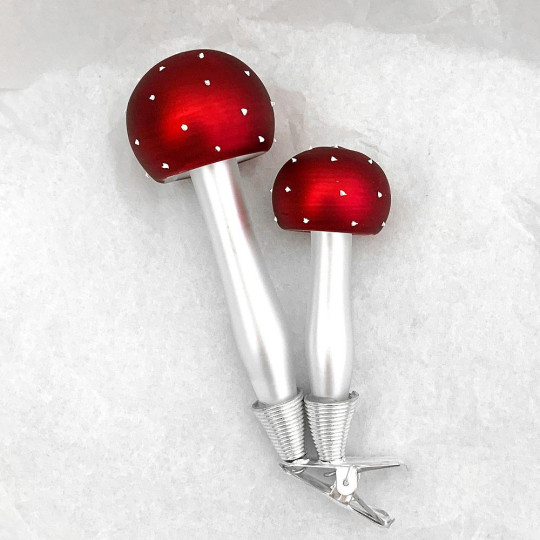 Red Double Mushrooms Clipping Blown Glass Ornament ~ Czech Repub. ~ 4" tall
