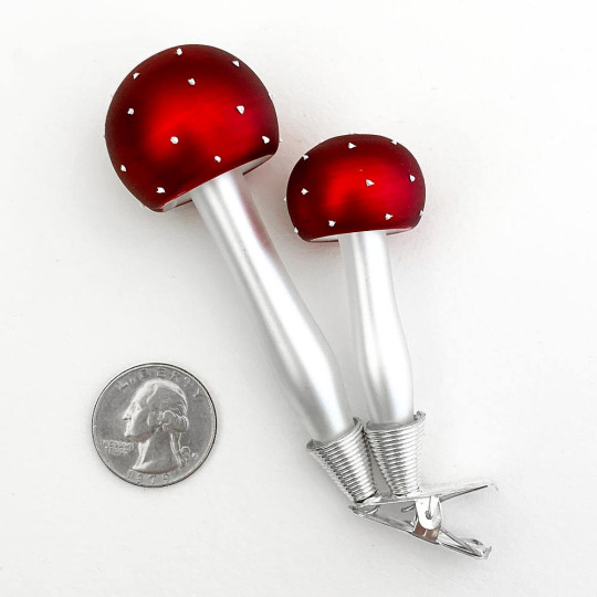 Red Double Mushrooms Clipping Blown Glass Ornament ~ Czech Repub. ~ 4" tall