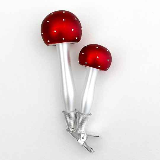 Red Double Mushrooms Clipping Blown Glass Ornament ~ Czech Repub. ~ 4" tall