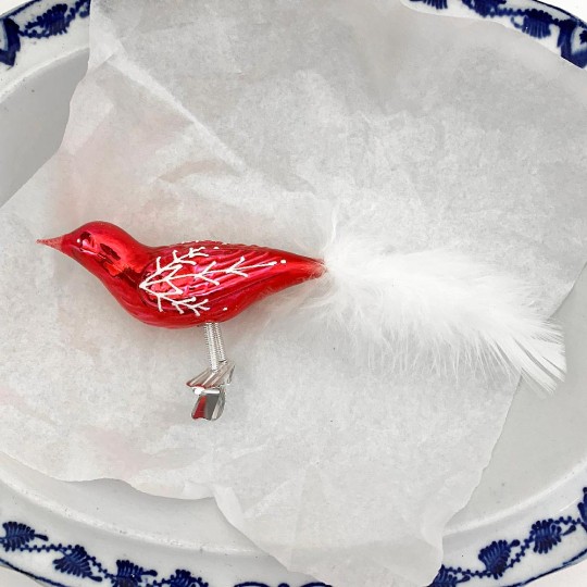 Glossy Red Blown Glass Clipping Bird Ornament ~ Czech Republic ~ 6" long