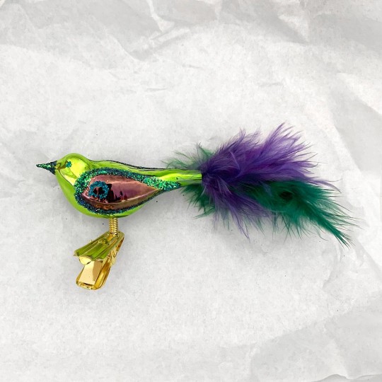 Petite Colorful Blown Glass Clipping Bird Ornament ~ Czech Republic ~ 4-1/2" long