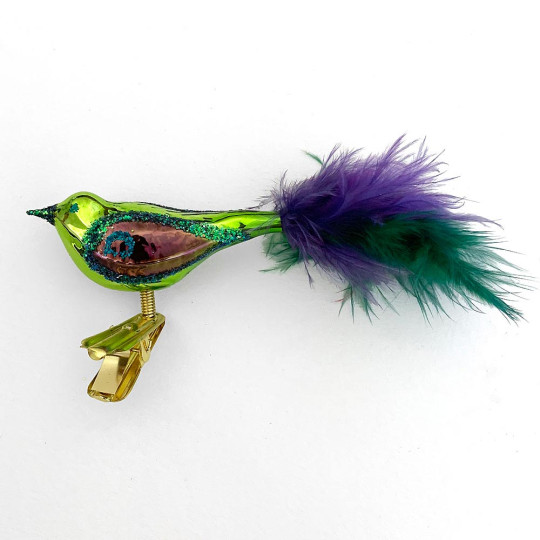 Petite Colorful Blown Glass Clipping Bird Ornament ~ Czech Republic ~ 4-1/2" long