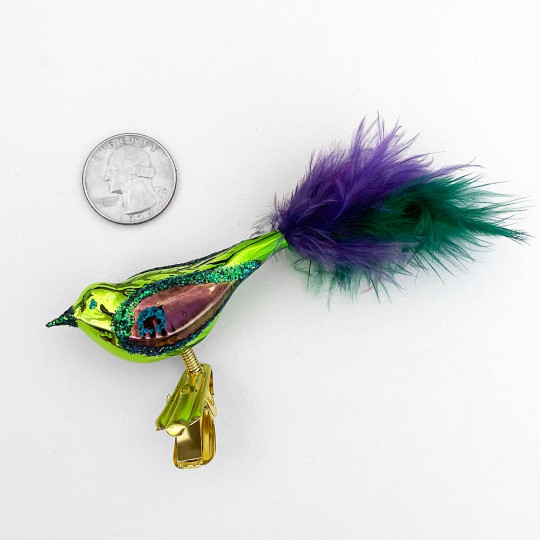 Petite Colorful Blown Glass Clipping Bird Ornament ~ Czech Republic ~ 4-1/2" long