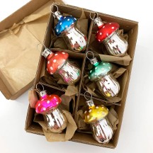 Colorful Small Mushrooms Blown Glass Ornaments ~ Germany ~ Boxed Set