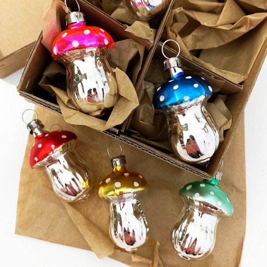 Colorful Small Mushrooms Blown Glass Ornaments ~ Germany ~ Boxed Set
