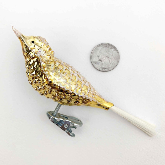 Gold Bumpy Bird Clipping Glass Christmas Ornament ~ Germany ~ 5-1/2" long