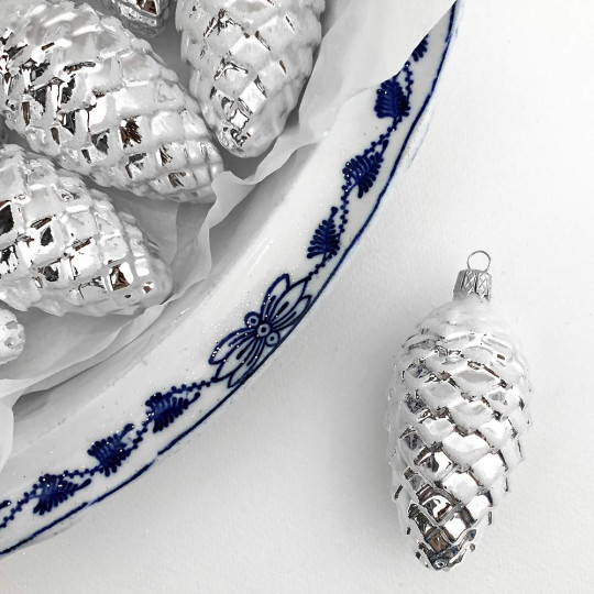 Silver Pine Cone Christmas Ornament ~ Czech Republic ~ 3-1/4" long