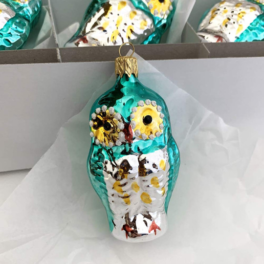 Aqua Owl Blown Glass Ornament ~ Czech Republic ~ 3-1/4" tall