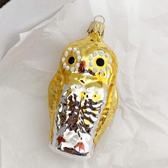 Gold Owl Blown Glass Ornament ~ Czech Republic ~ 3-1/4" tall