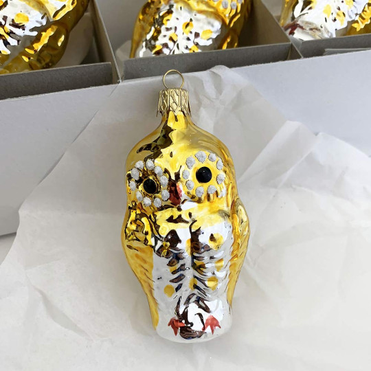 Gold Owl Blown Glass Ornament ~ Czech Republic ~ 3-1/4" tall
