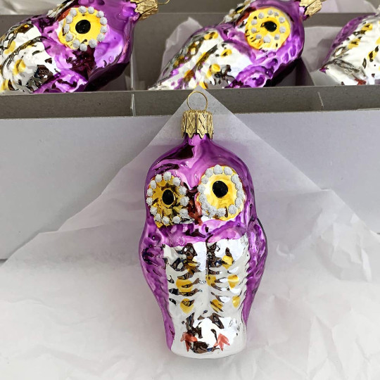 Violet Purple Owl Blown Glass Ornament ~ Czech Republic ~ 3-1/4" tall