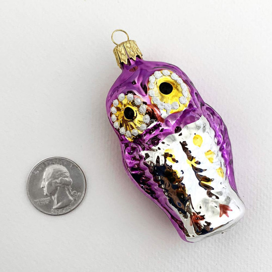 Violet Purple Owl Blown Glass Ornament ~ Czech Republic ~ 3-1/4" tall