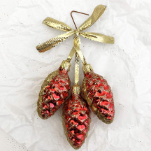 Red Pine Cone Cluster Christmas Ornament with Bow ~ 5" long