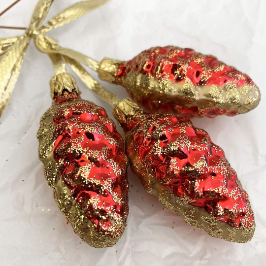 Red Pine Cone Cluster Christmas Ornament with Bow ~ 5" long