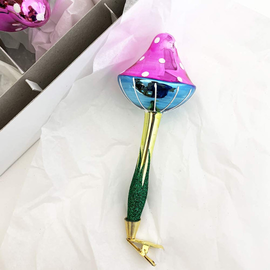 Whimsical Pink Pointed Clipping Mushroom Ornament ~ Czech Repub. ~ 6" tall