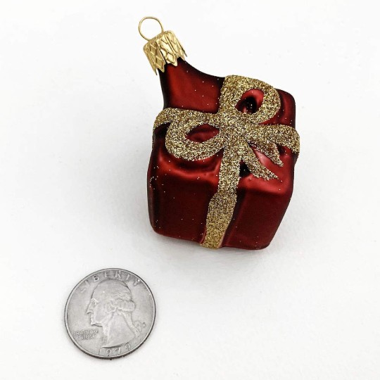 Burgundy Gift Blown Glass Present Christmas Ornament ~ Czech Republic ~ 1-1/2" square