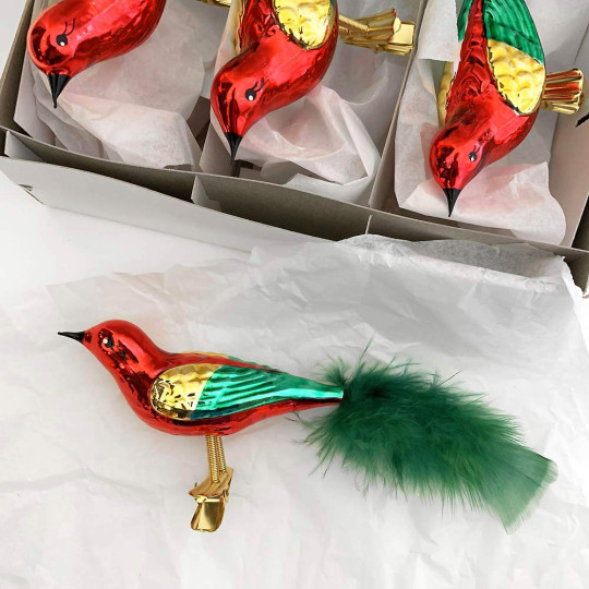 Red and Multi Blown Glass Clipping Bird Ornament ~ Czech Republic ~ 7" long