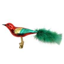 Red and Multi Blown Glass Clipping Bird Ornament ~ Czech Republic ~ 7" long