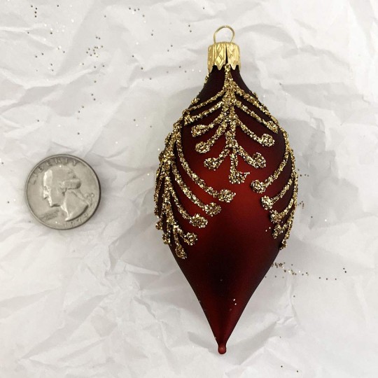 Burgundy Glittered Drop Glass Ornament ~ Czech Republic ~ 3-1/2" long