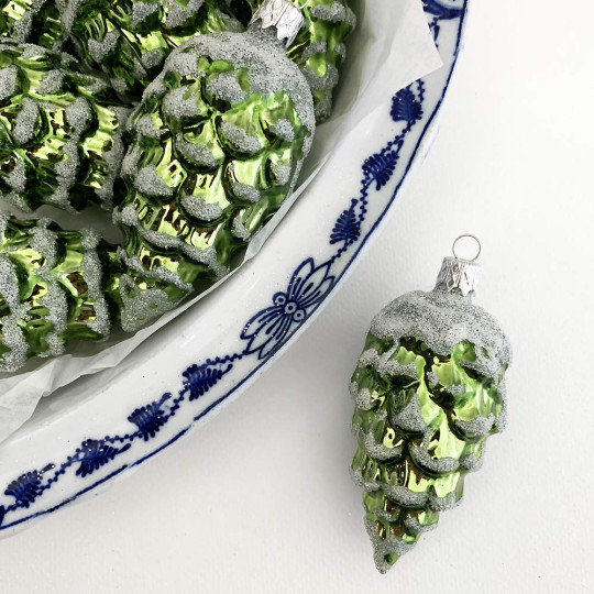 Green Pine Cone with Open Scales Blown Glass Christmas Ornament ~ 3-1/2" long
