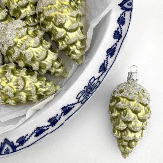 Matte Green Pine Cone with Open Scales Blown Glass Christmas Ornament ~ 3-1/2" long