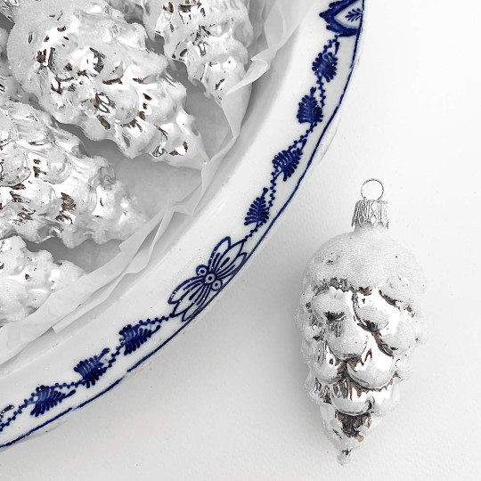 Silver Pine Cone with Open Scales Blown Gass Christmas Ornament ~ 3-1/2" long