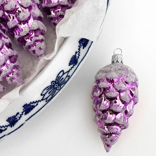 Violet Purple Pine Cone with Open Scales Blown Glass Christmas Ornament ~ 3-1/2" long