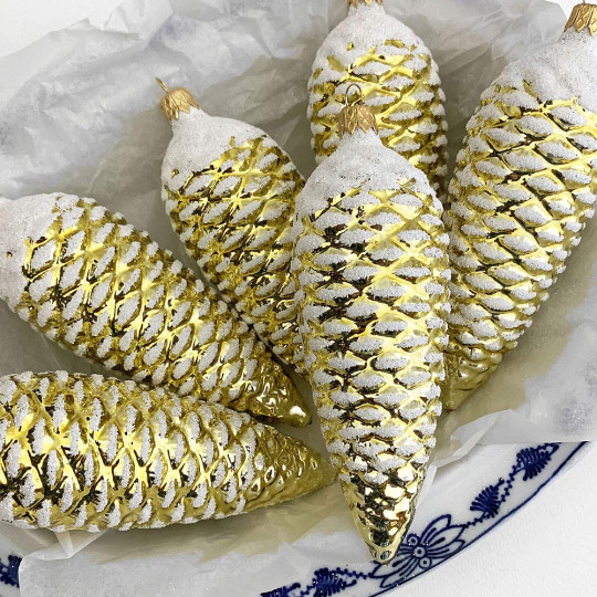 Long Gold Pine Cone Glass Christmas Ornament ~ 5-1/2" long