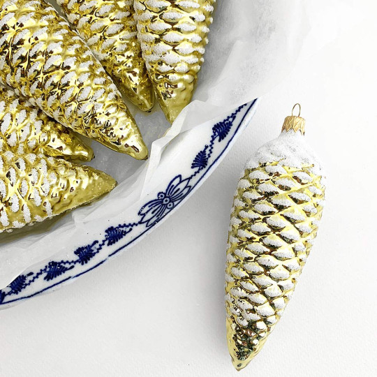 Long Gold Pine Cone Glass Christmas Ornament ~ 5-1/2" long