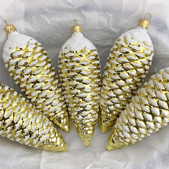 Long Gold Pine Cone Glass Christmas Ornament ~ 5-1/2" long