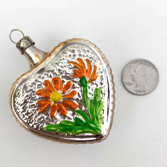 Floral Heart Blown Glass Ornament ~ Germany ~ 2-3/4" tall
