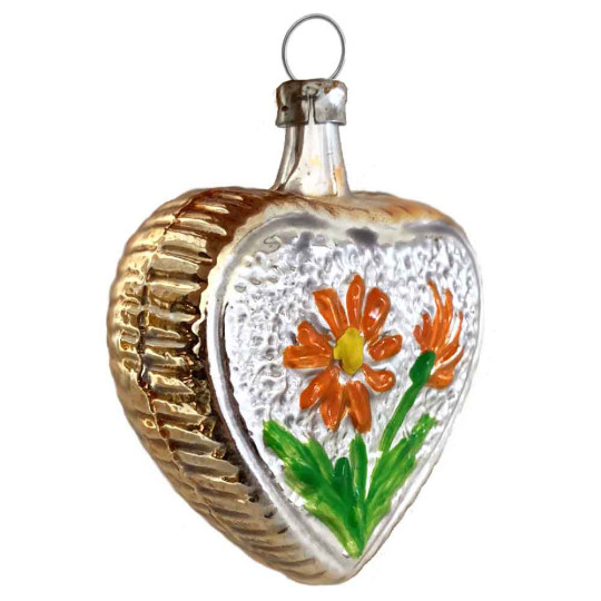 Floral Heart Blown Glass Ornament ~ Germany ~ 2-3/4" tall